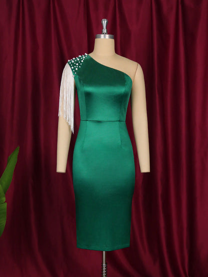 Sexy One Shoulder Tassels Bodycon Party Dresses-Dresses-Green-S-Free Shipping at meselling99