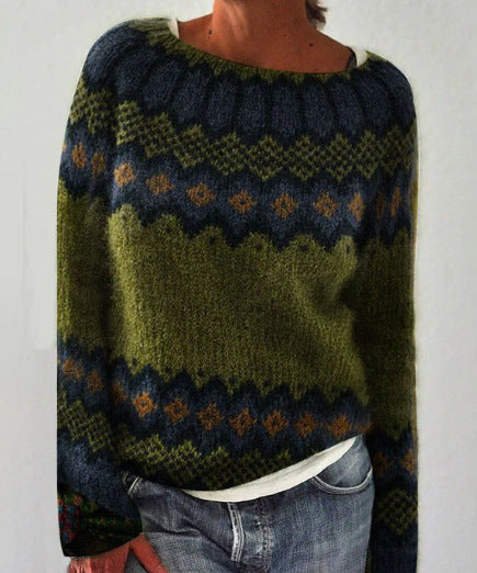 Women's Loose Knit Sweater - Color Block Round Neck Pullover