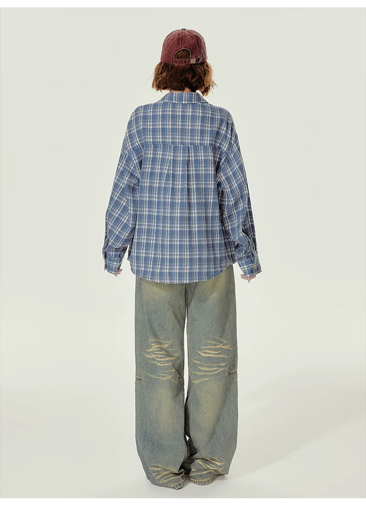 Girlyhalo Women's Blue Plaid Shirt - Oversized Fall Shacket for a Youthful Look