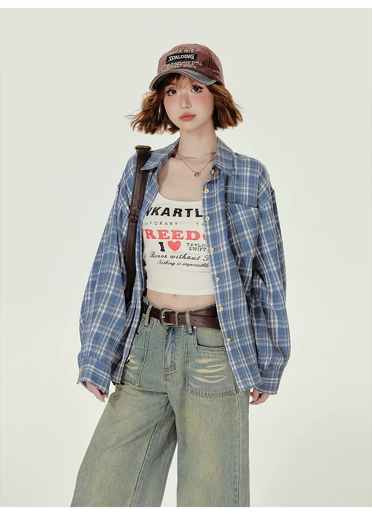 Girlyhalo Women's Blue Plaid Shirt - Oversized Fall Shacket for a Youthful Look