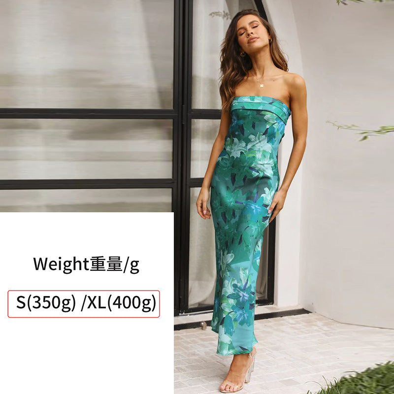 Elegant Satin Bandage Backless Tube Dress with Floral Print