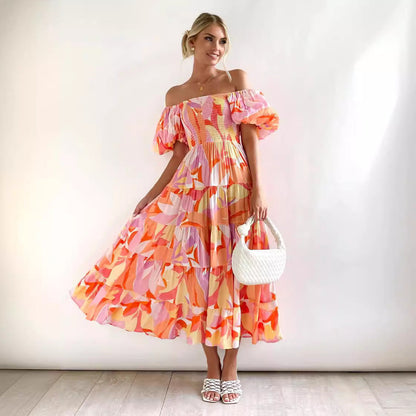Flutter Sleeve High Waist Off-Shoulder Print Dress