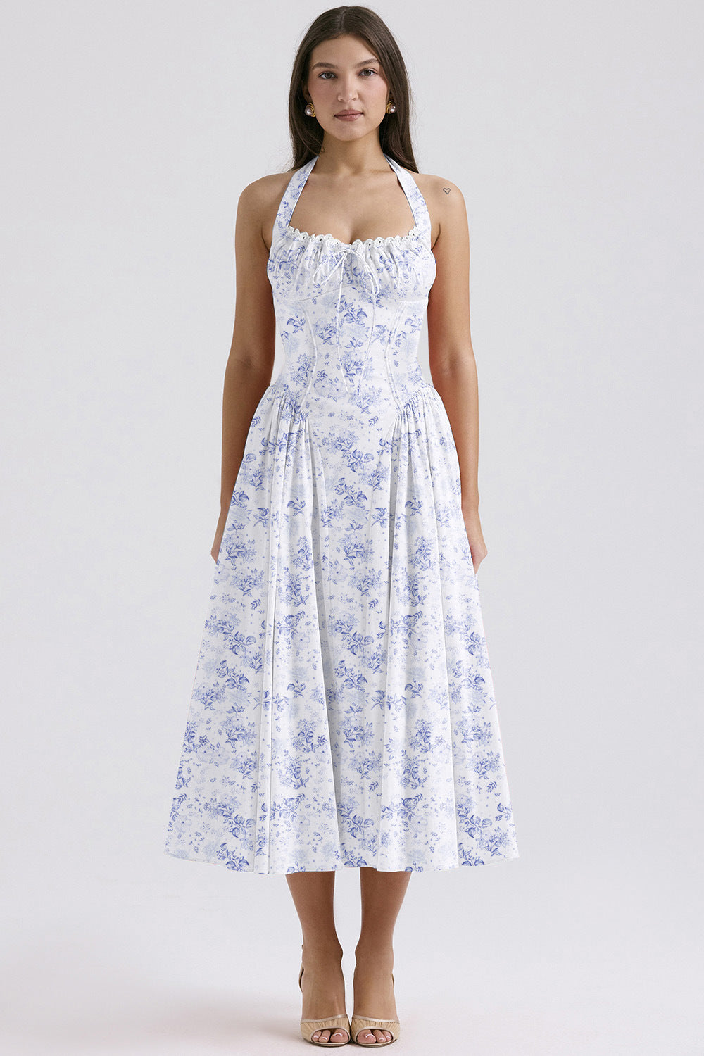 Women's Summer Floral Print Bodycon Halter Neck Maxi Dress