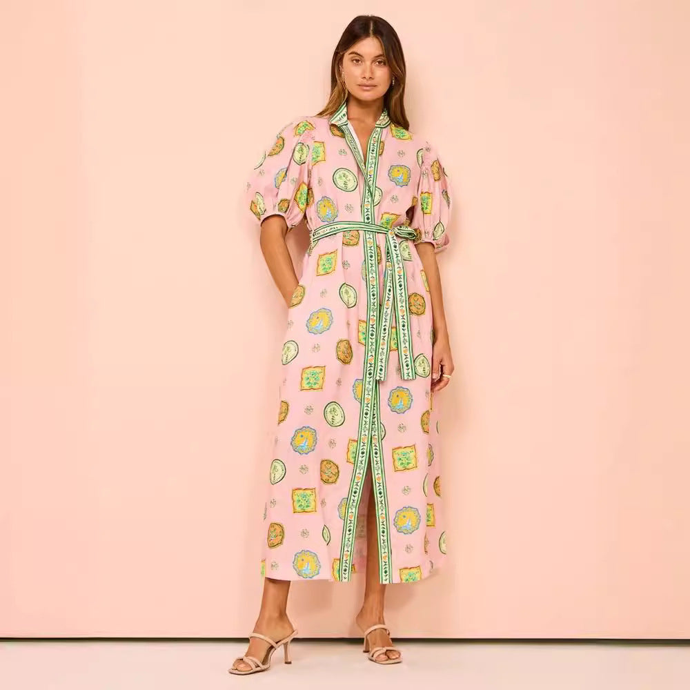 Stylish Linen Dress with Graffiti Print and Lantern Sleeves