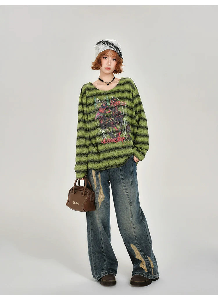 Girlyhalo Retro Green Striped Long Sleeve T-Shirt for Women-Green Striped-S-Free Shipping Leatheretro