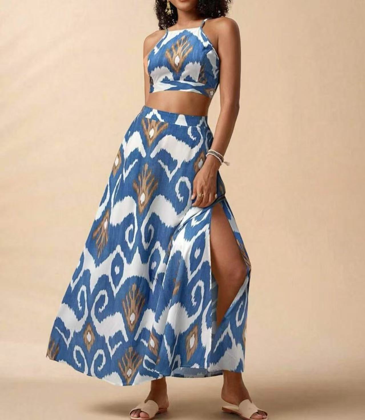Women's Printed High-Waist Bikini Set with Sun Protection Cover-Up Skirt