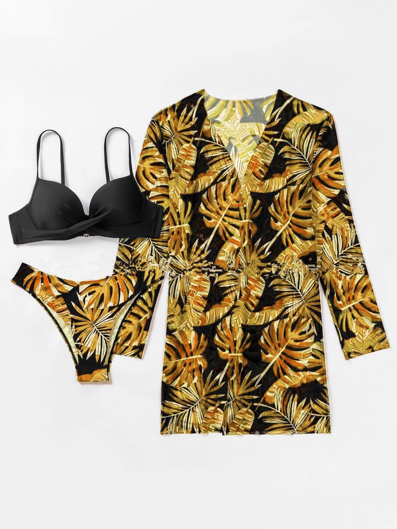 Women's 3-Piece Mesh Long Sleeve Cover-Up – Beach Bikini Set