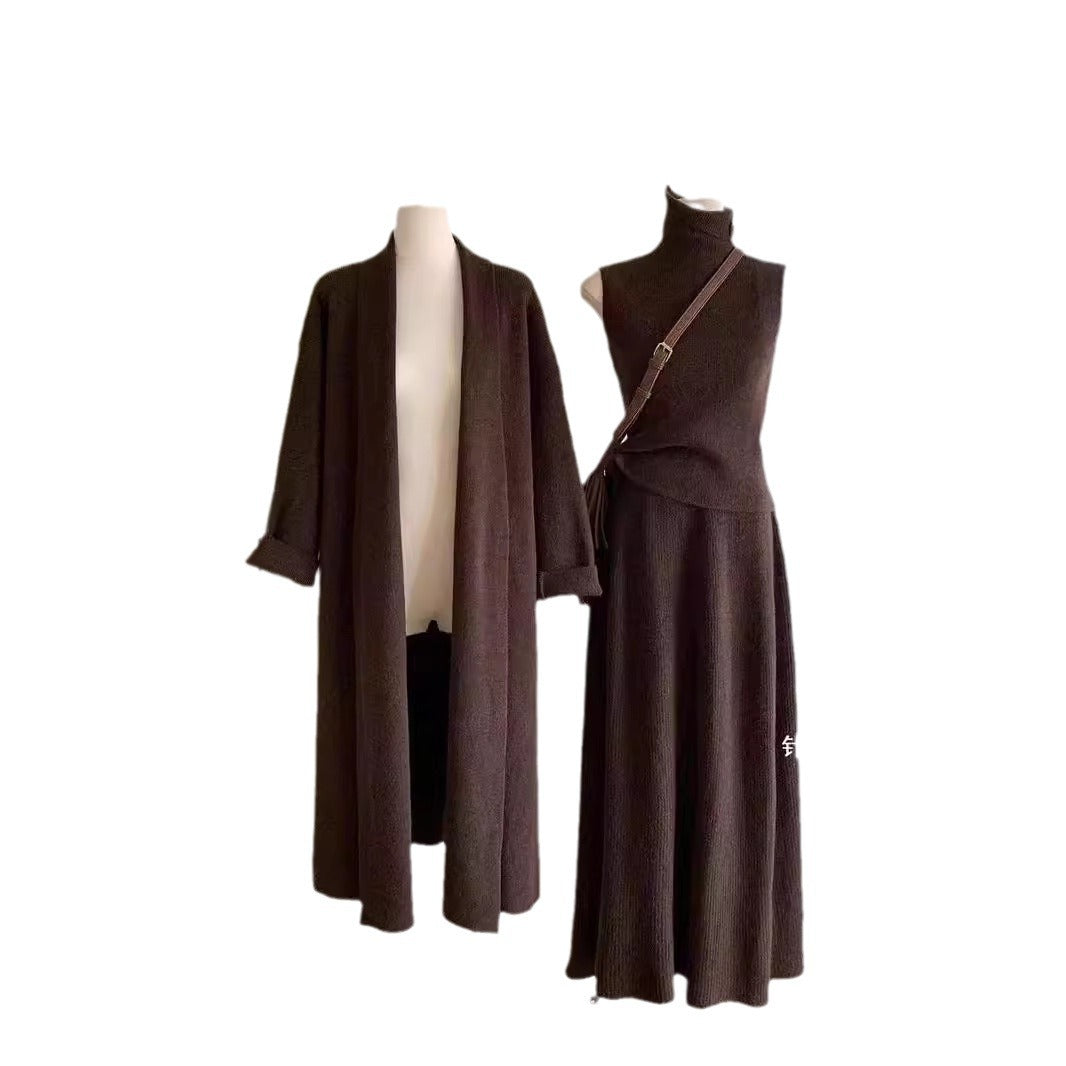 Women's Knit Three-Piece Set: High-Neck Vest & Skirt Outfit