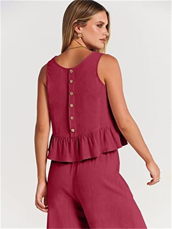 Women's Summer Sleeveless Pleated Vest & Wide-Leg Cropped Pants Casual Set