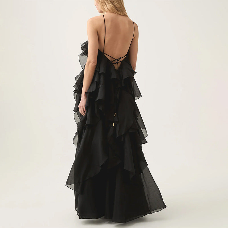Elegant High-Society Style Dress – Off-Shoulder Backless Maxi Dress with Layered Hem