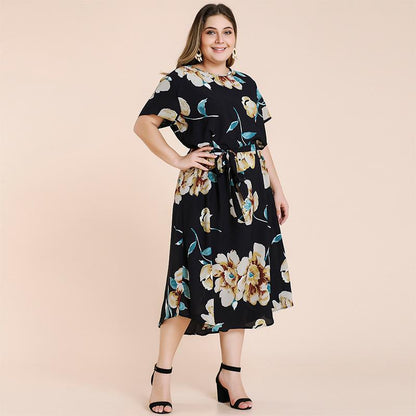 Women Plus Sizes Short Sleeves Foral Print Long Dresses-Plus Size Dresses-Dark Blue-XL-Free Shipping at meselling99