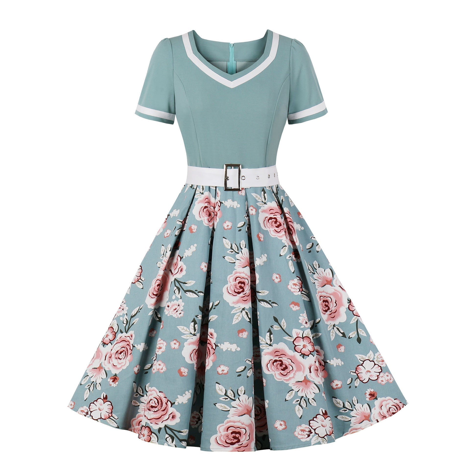 Retro Floral Print Ball Dresses-Dresses-Green-S-Free Shipping at meselling99