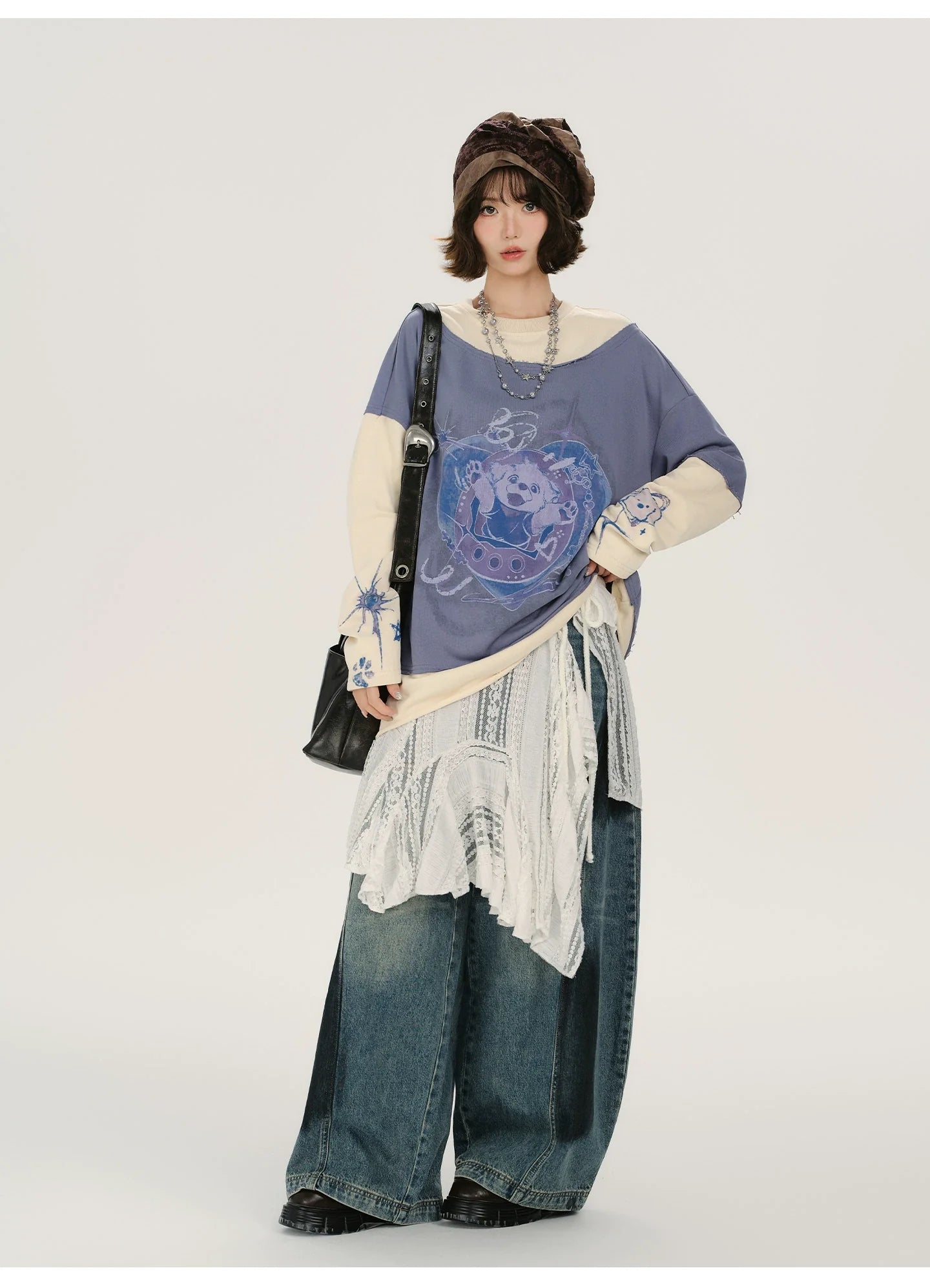 Girlyhalo Retro Print Long-Sleeve Pullover Sweatshirt for Women