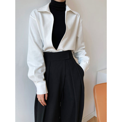 Retro White Shirt for Women – Spring Layered V-Neck Blouse & Overshirt