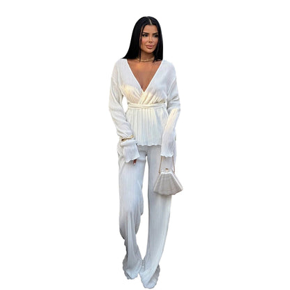 Casual V Neck Long Sleeves Tops and Pants Two Pieces Suits