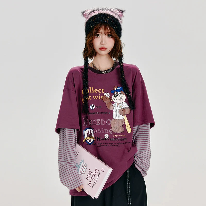 Girlyhalo Retro Two-Tone Long Sleeve T-Shirt for Women-Purple-S-Free Shipping Leatheretro