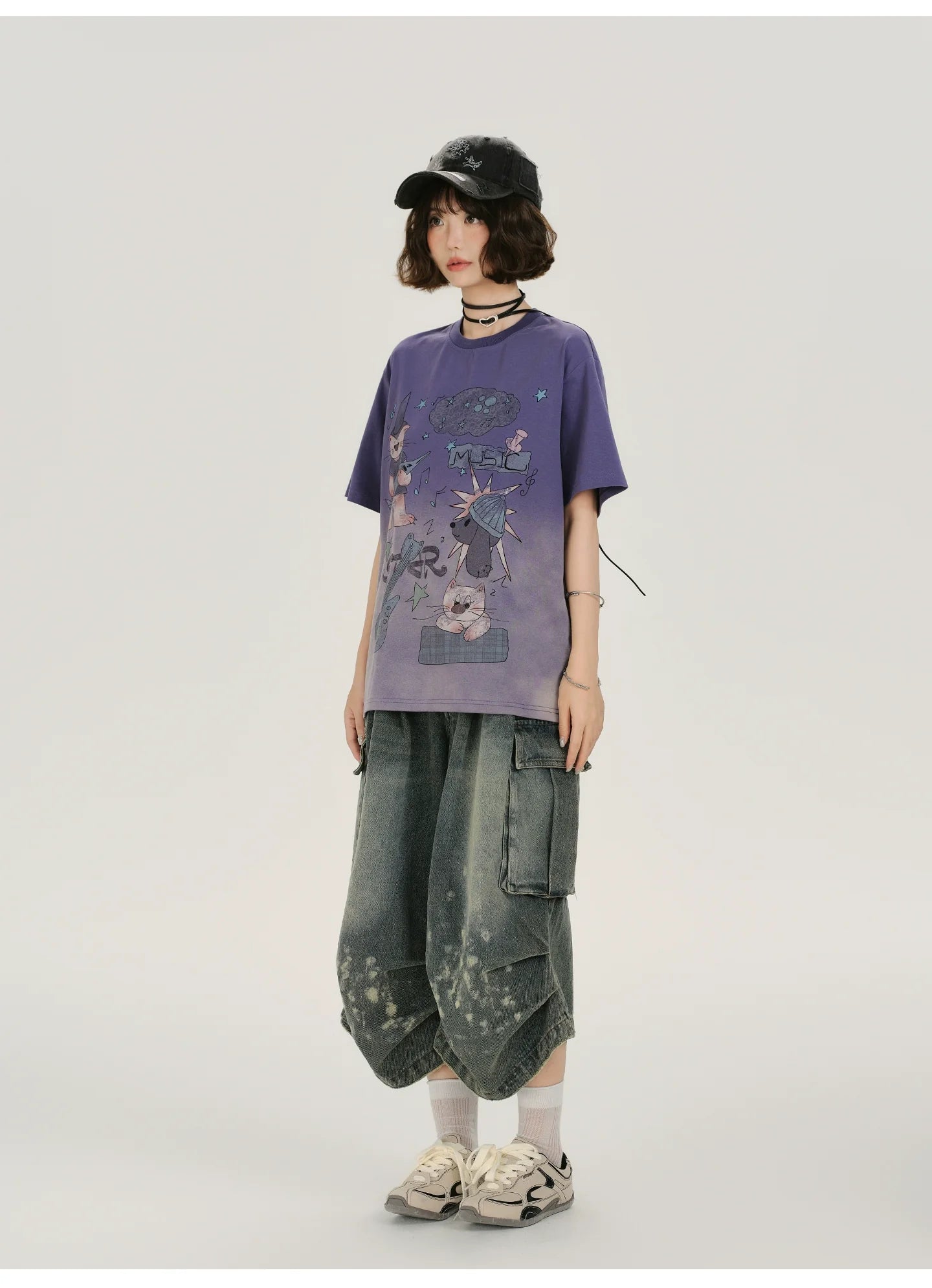 Girlyhalo Vintage Washed Purple Gradient Short Sleeve T-Shirt