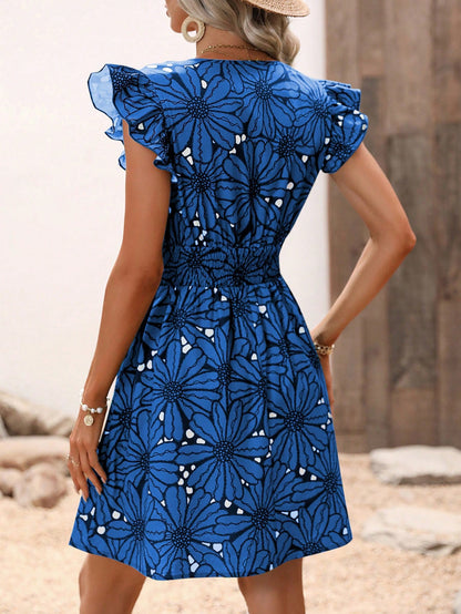 Women's Summer V-Neck Waist-Cinching Sexy Floral Ruffle Sleeveless Dress
