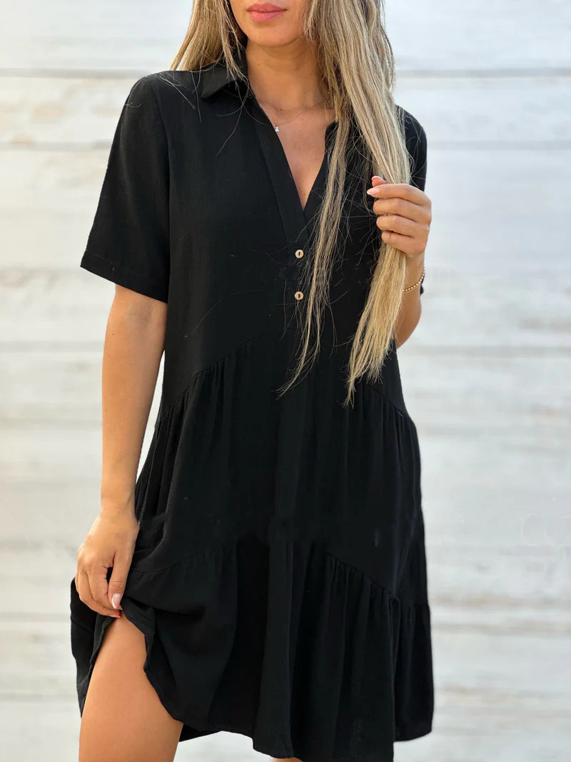 Women's Loose Fit Solid Color Lapel Casual Short Sleeve Linen Blend Dress