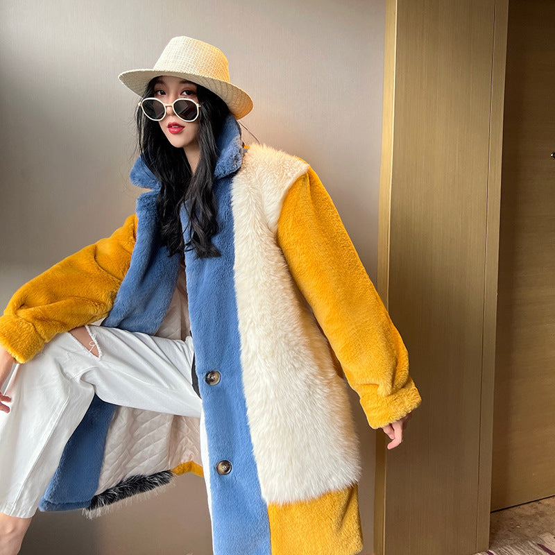 Winter Faux Fur Jacket with Contrast Collar, Oversized Outerwear