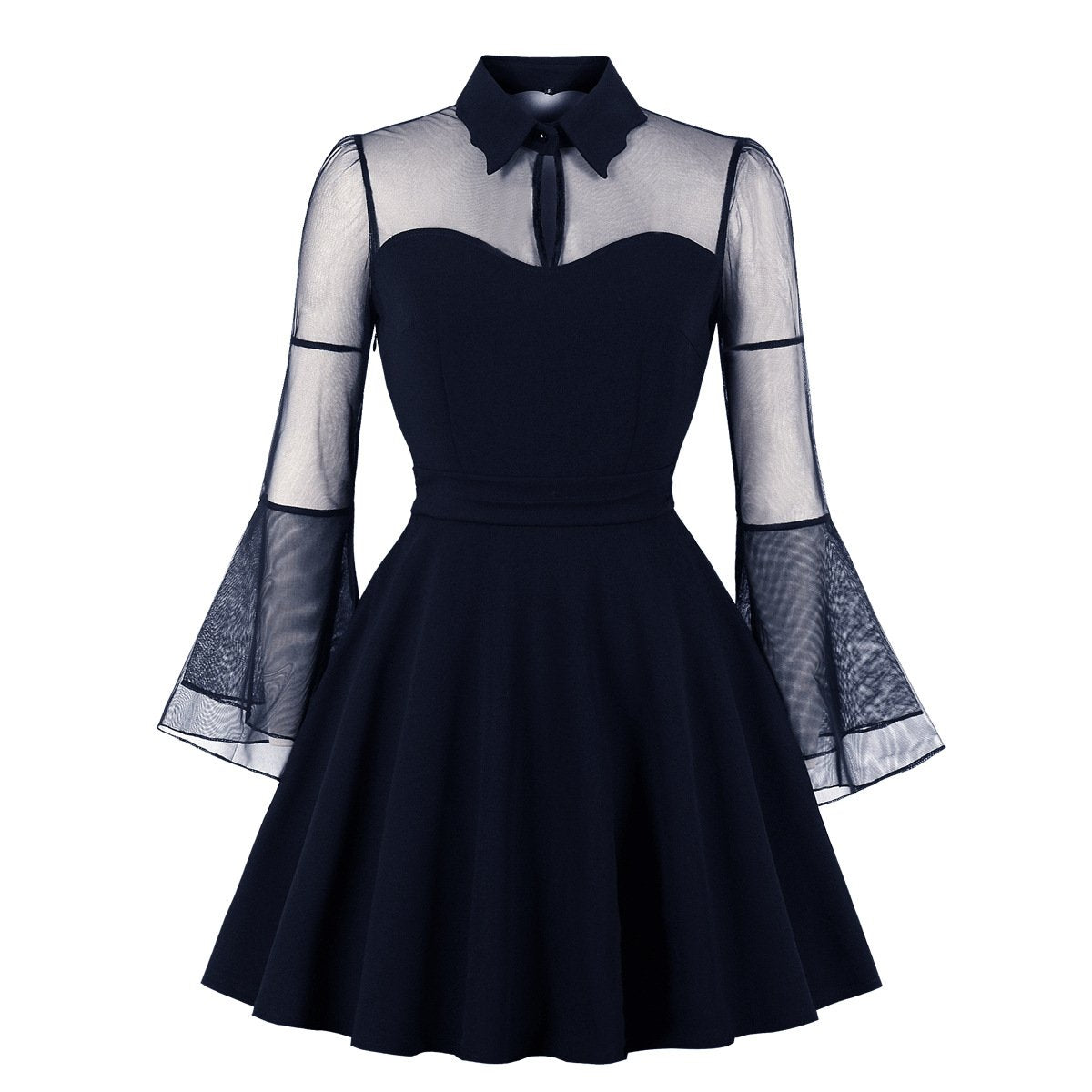 Plus Sizes Net Bell Sleeves Vintage Mini Dresses-Vintage Dresses-Dark Blue-S-Free Shipping at meselling99