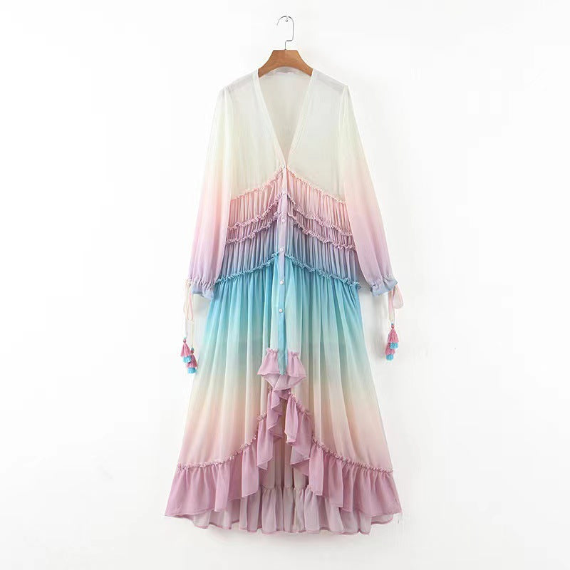Women's V-Neck Long Sleeve Gradient Print Maxi Dress