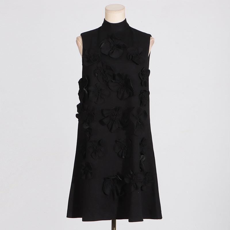 Retro Summer Stand Collar, Sleeveless Dresses with 3D Floral Details