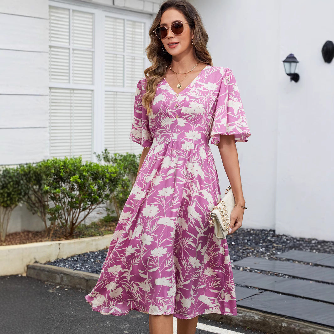 Women's Summer V-Neck Floral Print Rayon Dress