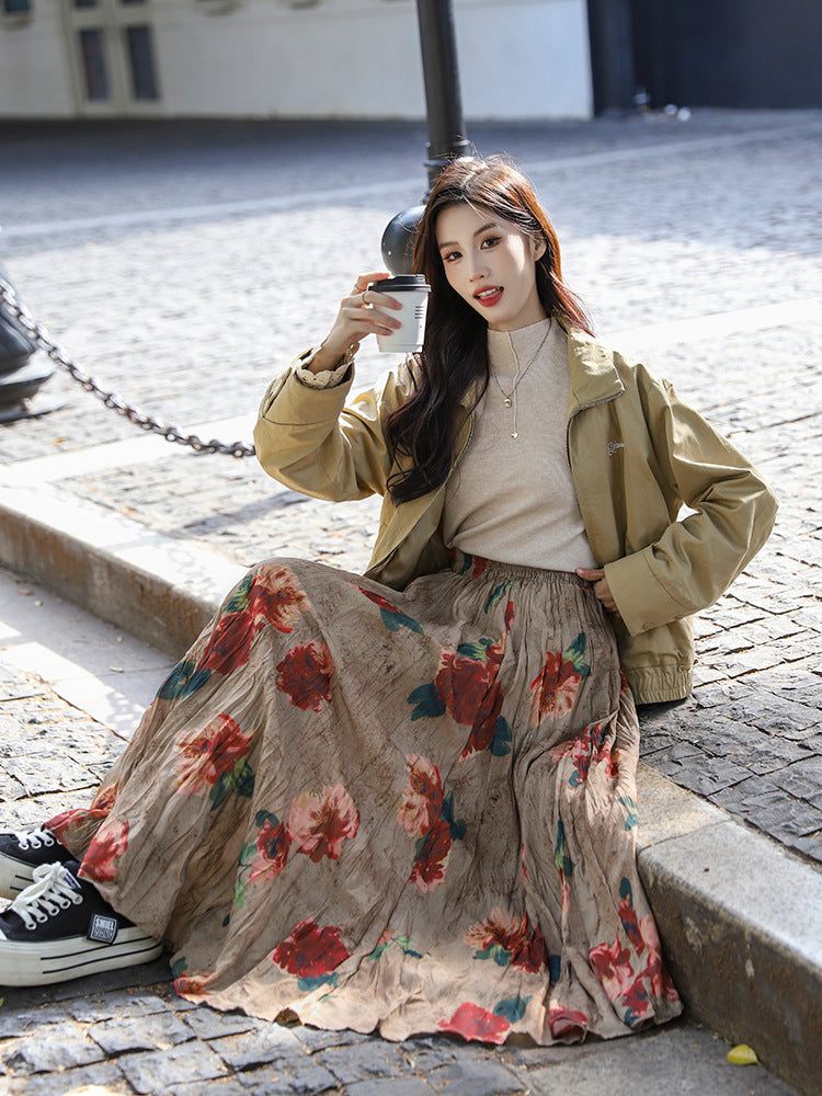 Vintage Watercolor Rose Print Maxi Skirt