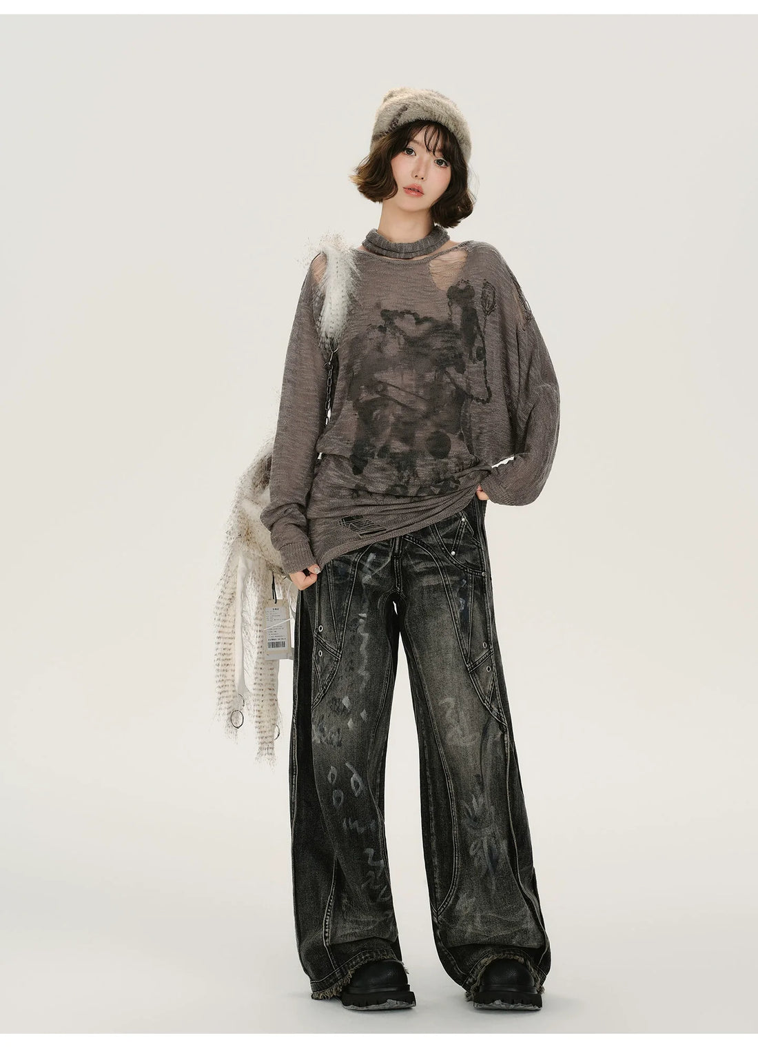Girlyhalo Retro Baddie Print Distressed Long Sleeve Sweater