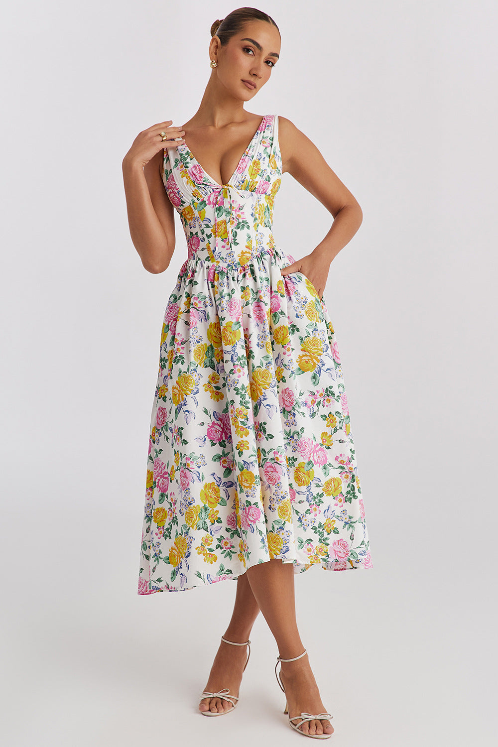 Elegant V-Neck Print Maxi Dress