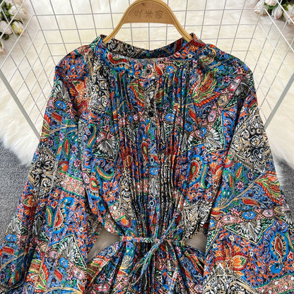 Retro Palace Style Lantern Sleeve Round Neck A-Line Floral Print Button-Down Waist Dress