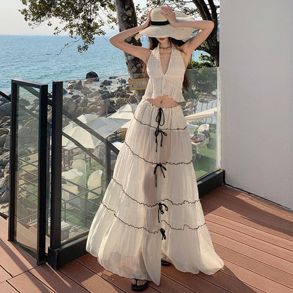 Vacation Style Halter Neck Top & High-Low Skirt Set