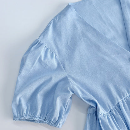 Sweet Solid Color Cotton Set - V-Neck Top & Bubble Sleeve Shorts 2-Piece Outfit