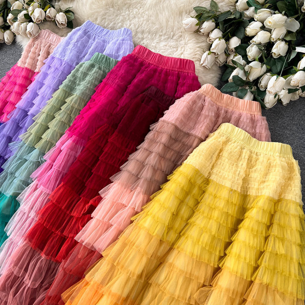 Women's Mid-Length Gradient Mesh A-Line Cake Skirt
