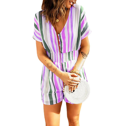 Summer Casual Striped Elastic Waist Romper Jumpsuits