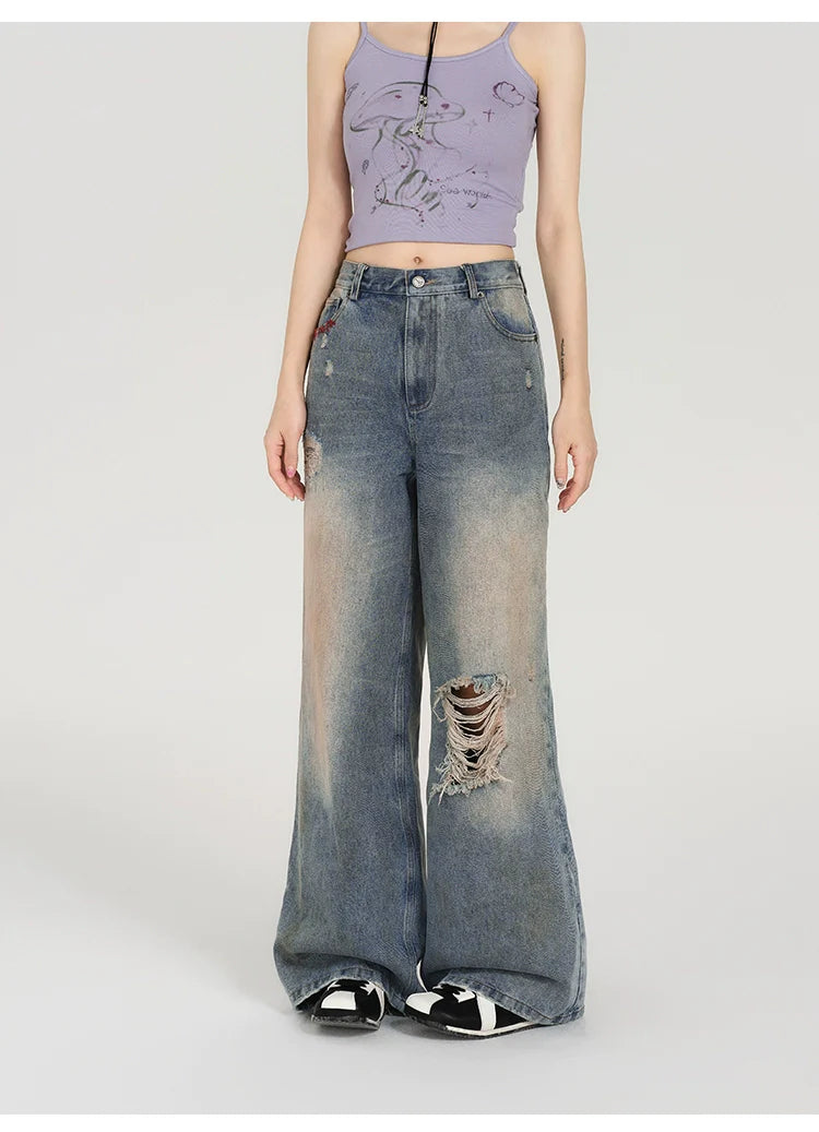Girlyhalo Women's Retro Washed Distressed Straight-Leg Jeans-S-Blue-Free Shipping Leatheretro