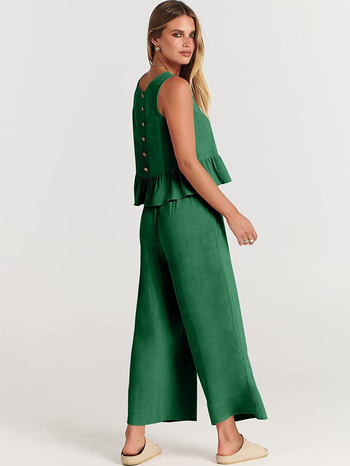 Women's Summer Sleeveless Pleated Vest & Wide-Leg Cropped Pants Casual Set