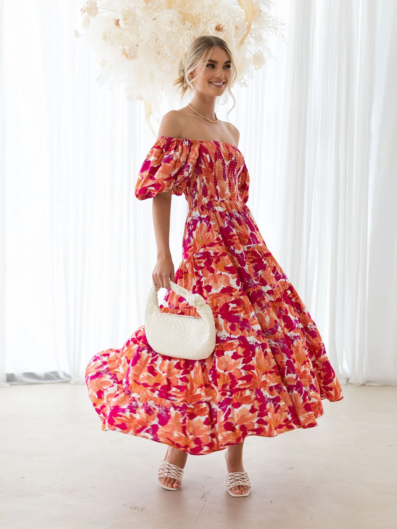 Spring Summer Off-Shoulder Floral Print Puff Sleeve Dress