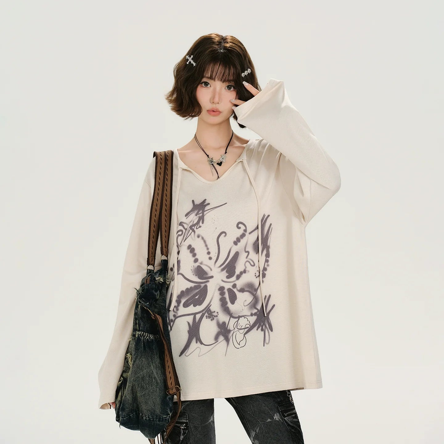 Girlyhalo Retro Print Long Sleeve T-Shirt