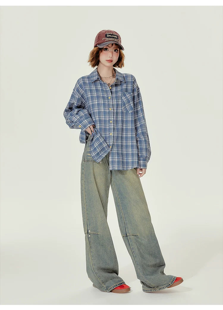 Girlyhalo Women's Blue Plaid Shirt - Oversized Fall Shacket for a Youthful Look
