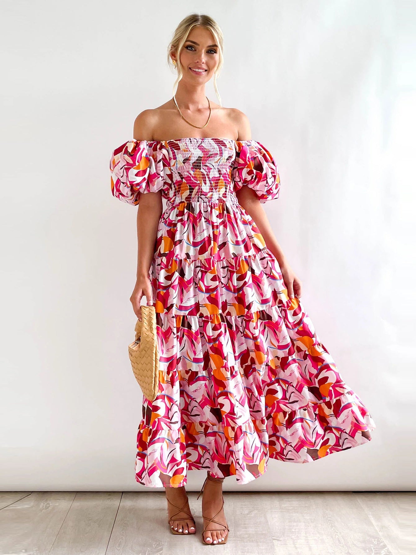 Spring Summer Off-Shoulder Floral Print Puff Sleeve Dress