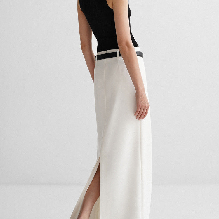 Designer A-Line White Low-Waist Midi Skirt – Unique Casual & Office Women's Skirt
