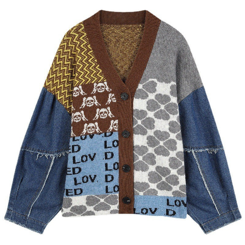 Women's Denim Patchwork Sweater Cardigan