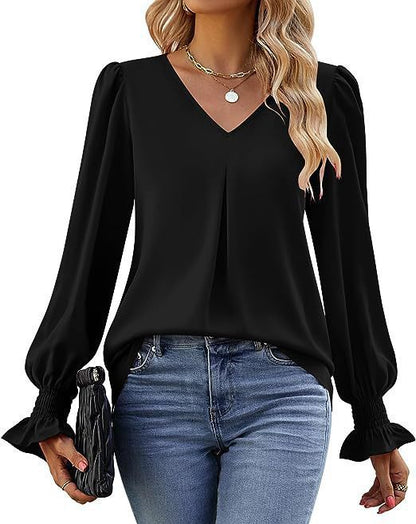 Women's Solid Color Chiffon V-Neck Bell Sleeve Blouse