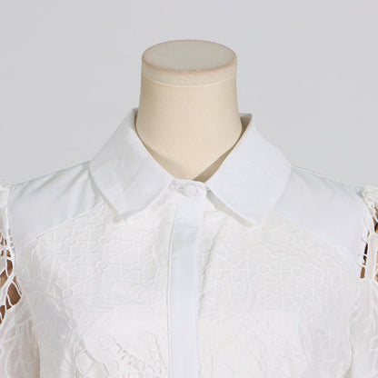 Vintage Collar Long Lantern Sleeve Mid-Length Embroidery Lace Solid Color Dress