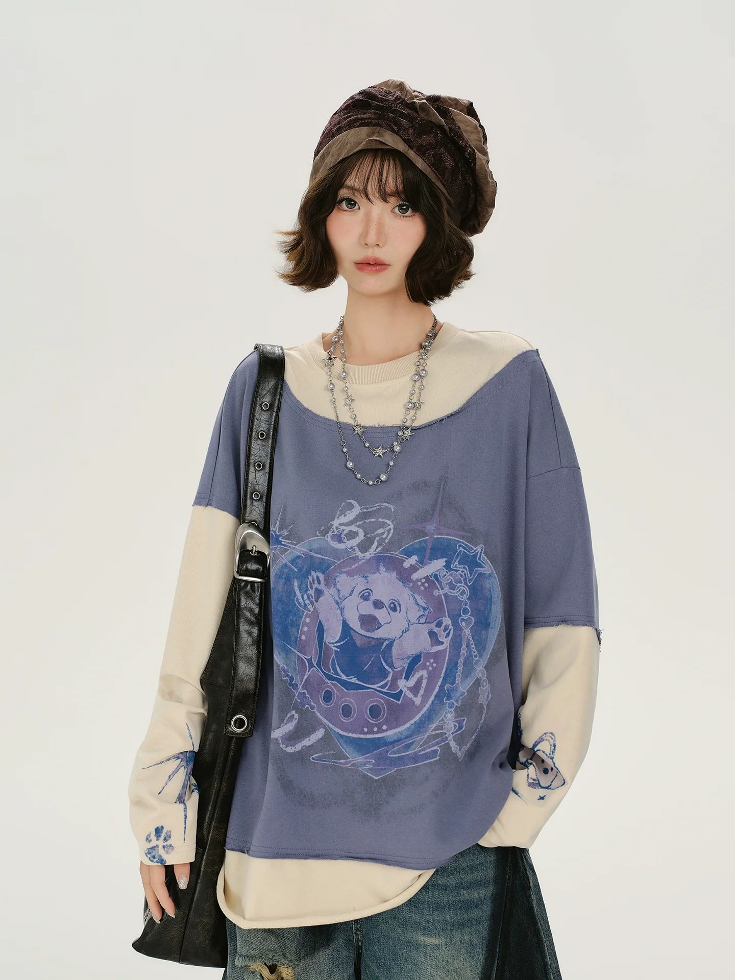 Girlyhalo Retro Print Long-Sleeve Pullover Sweatshirt for Women