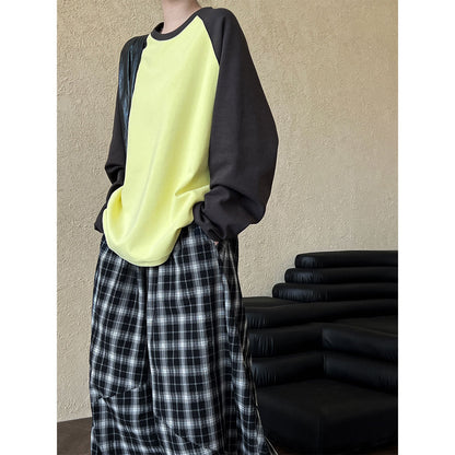Retro Color-Block Long Sleeve T-Shirt – Oversized Graphic Sweatshirt for Women