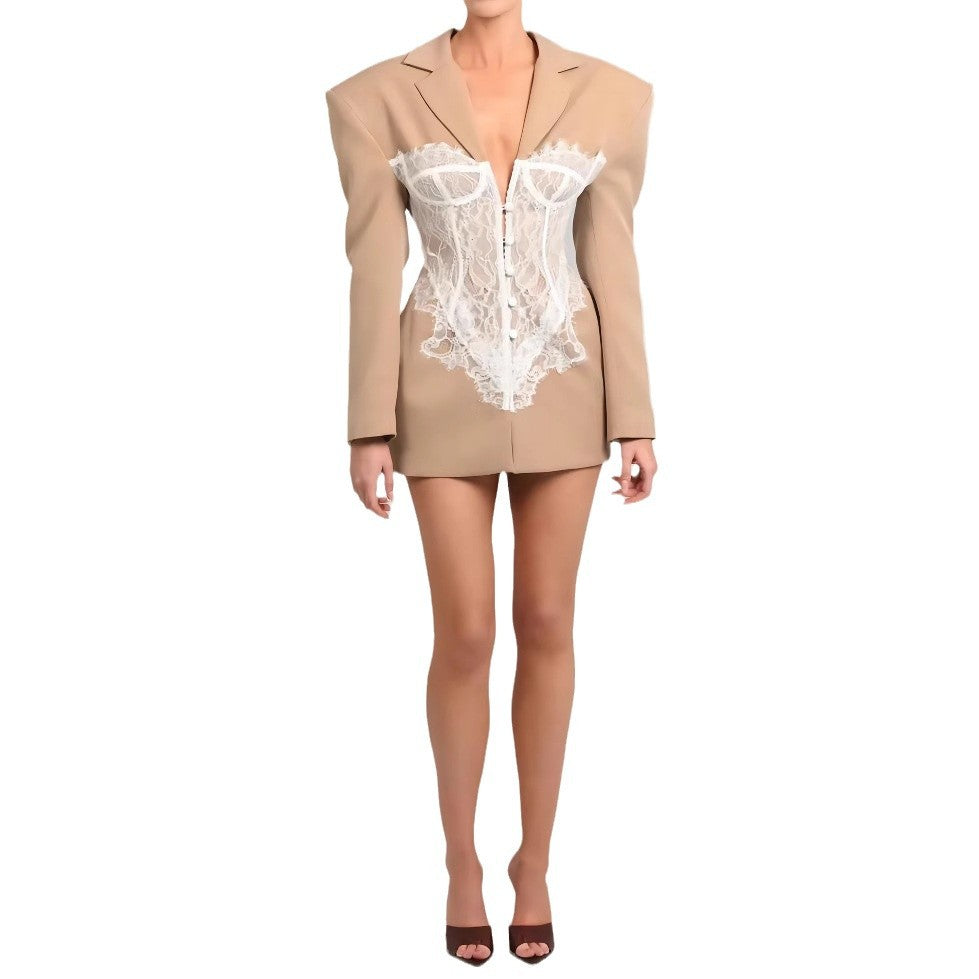 Designed Lace Panel Slim-Fit Blazer for Women – Sexy & Stylish Tailored Waist Jacket