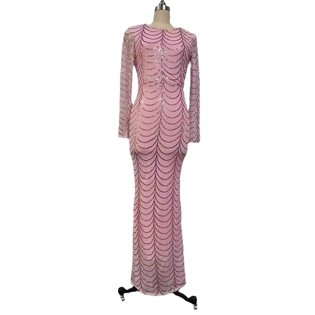 Elegant Mermaid Evening Gown – Sequined Long Sleeve Round Neck Party Dress
